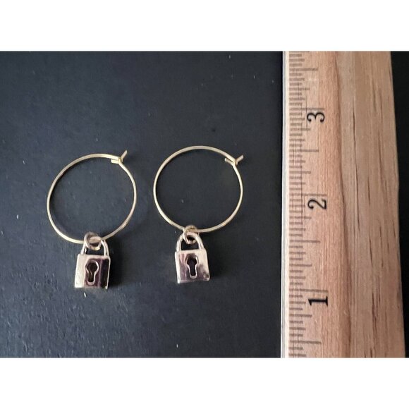 Gold Round Hoop Earrings with Dangling Gold PADLOCKS - Picture 4 of 4